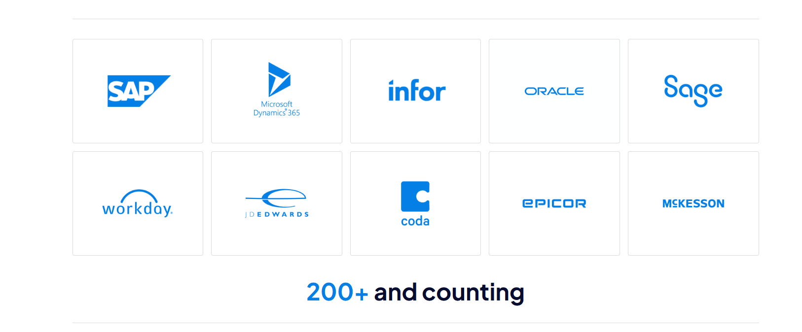 SAP, Microsoft Dynamics 365, Infor, Oracle, Sage, Workday, JD Edwards, Coda, Epicor, McKesson — 200+ and counting